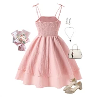 Ensemble pour enfants, robe de princesse à bretelles à plusieurs niveaux, rose uni, Style doux, vêtements pour fête d'anniversaire et de rencontre 2