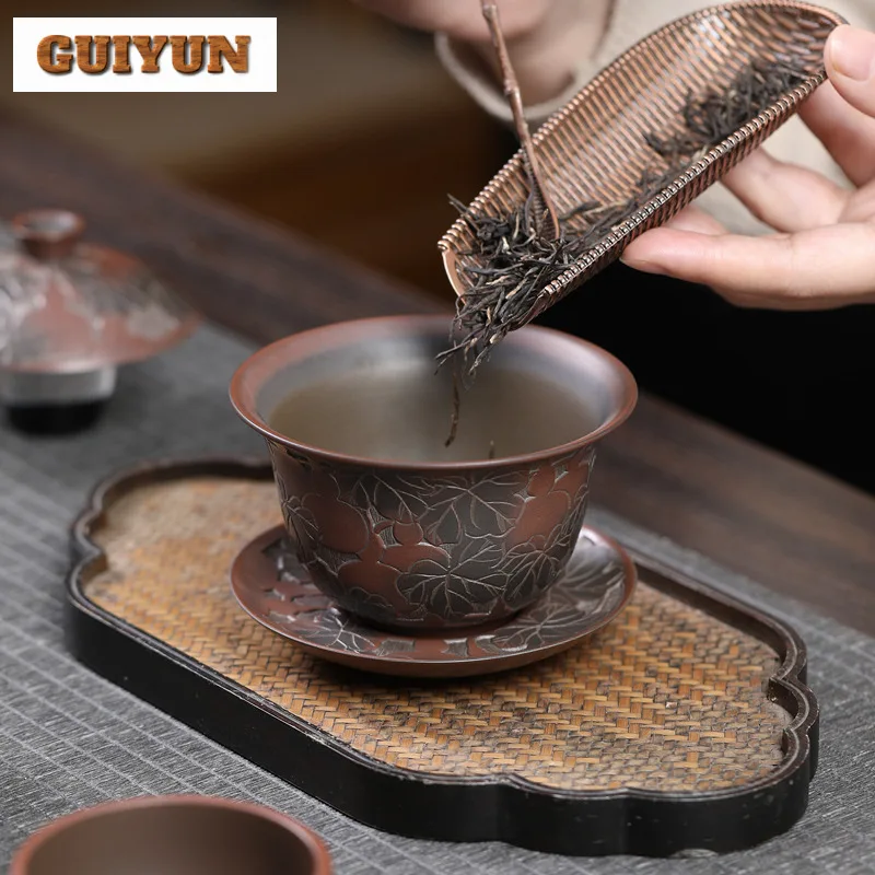 150ml Authentic Qinzhou Nixing Pottery Gaiwan Master Handmade Carved Gourd Tea Tureen Tea Maker Cover Bowl Teaware Collection
