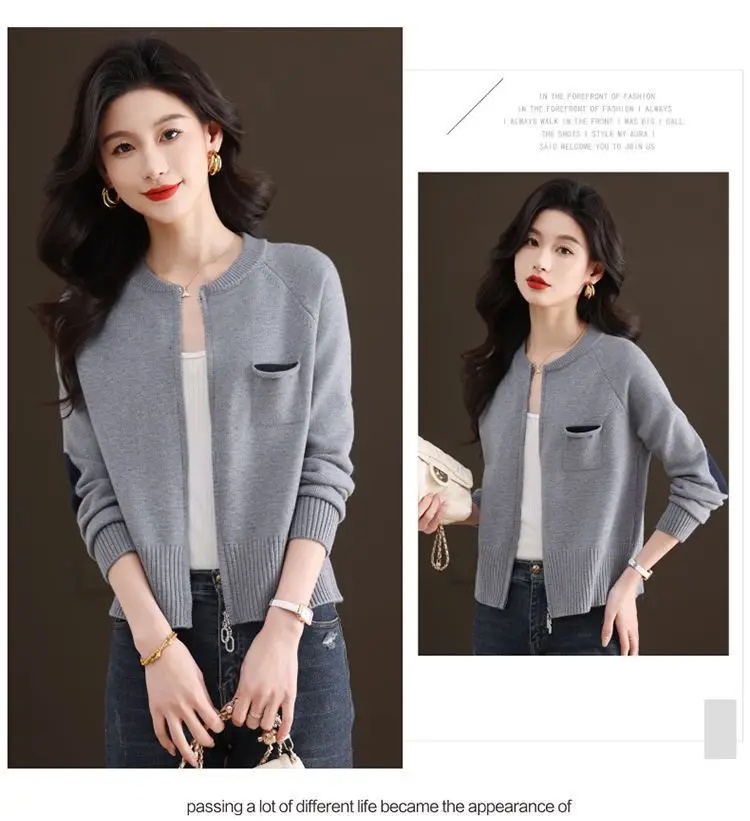 Frühling Herbst Frau Kleidung Zipper Kurze Tops Weibliche Stricken Woolen Pullover Jacke Mode Oansatz Langarm Jumper Mantel – Detail 11