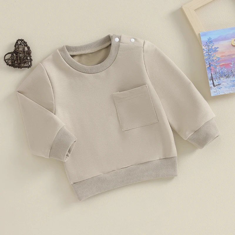 Pudcoco Toddler Kids Baby Boy Girl Fall Sweatshirt Solid Color Long Sleeve Round Neck Button Pullover Loose Tops 0-4T