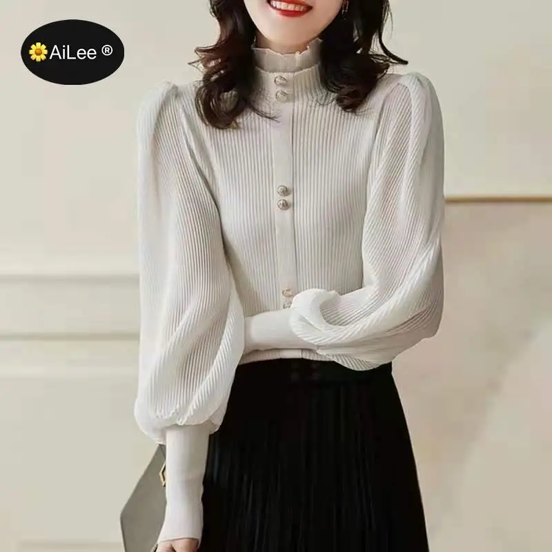 Lace Trim Ruffles Turtleneck Design Blouse Women Long Lantern Tops Sleeve Knitted Chiffon Splicing Vintage Retro Shirts Medieval