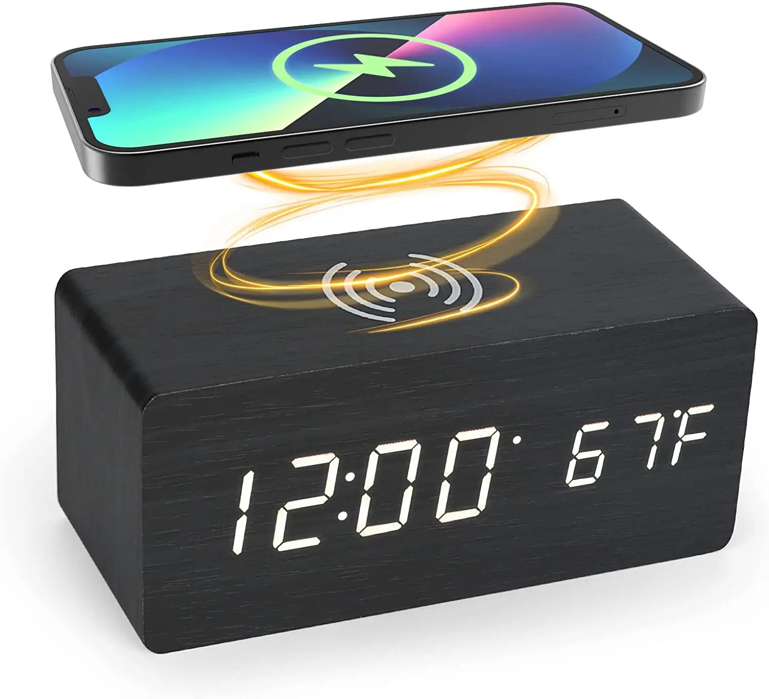 

D2 Wooden LED Smart Alarm Clocks Wireless Charger For Bedroom Bedside Table Square Voice Control Desktop Digital Clock Decor