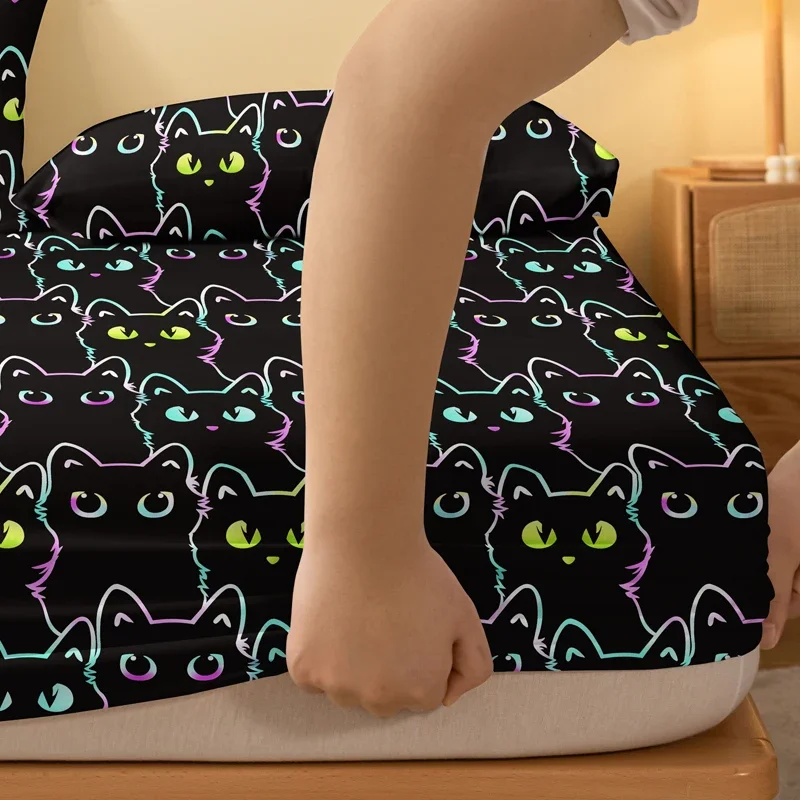 1 cartoon animal little cat printed matte Fitted Sheet, bedroom printed bed cover, bedding (excluding pillowcases) 4
