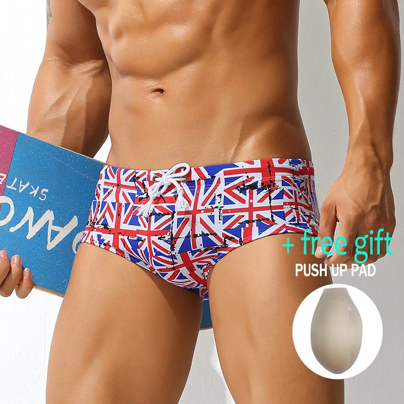Fashion UK Flag Printed Swimwear Men Beach Shorts Push Up Cup Sexy Man Swimsuits Board Briefs Surfing Swimming Trunk 3