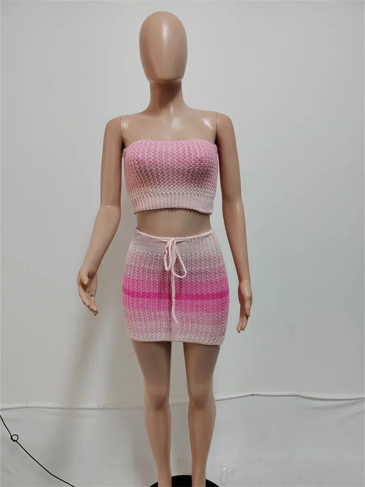 Wmstar Women Two Piece Set Summer Sexy Women's Sweater Knitted Suit Strapless Short Skirt Woolen Outfit Wholesale Dropshipping
