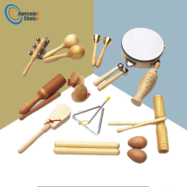 10 pcs/set Wood Made Musical Instruments Set for Toddler Carry Bag Music  Percussion Toy Set