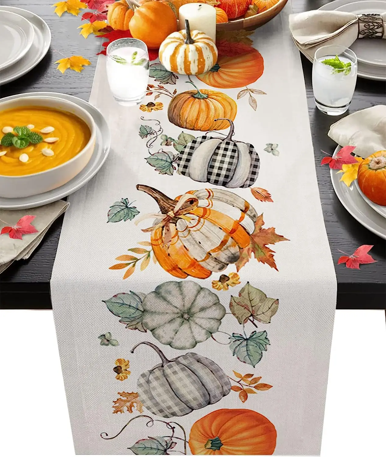 

Autumn Thanksgiving Pumpkin Maple Leaves Linen Table Runners Holiday Party Decoration Reusable Table Runners Kitchen Table Decor