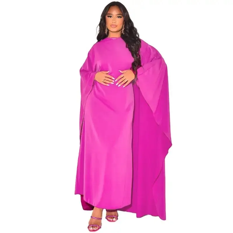 Fashion Satin Party Dress Robe Abaya Muslim Women Elegant Solid Round Neck Bat Sleeves Loose Maxi Dress Women