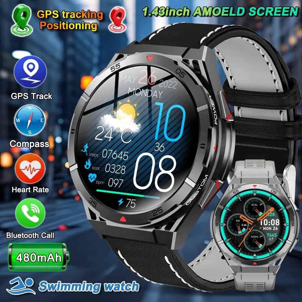 Swimming Waterproof Smart Watches 2025 New Dual-Band satellite GPS Sports Smart watch Men 1.43'' AMOLED Screen BT Call Compass