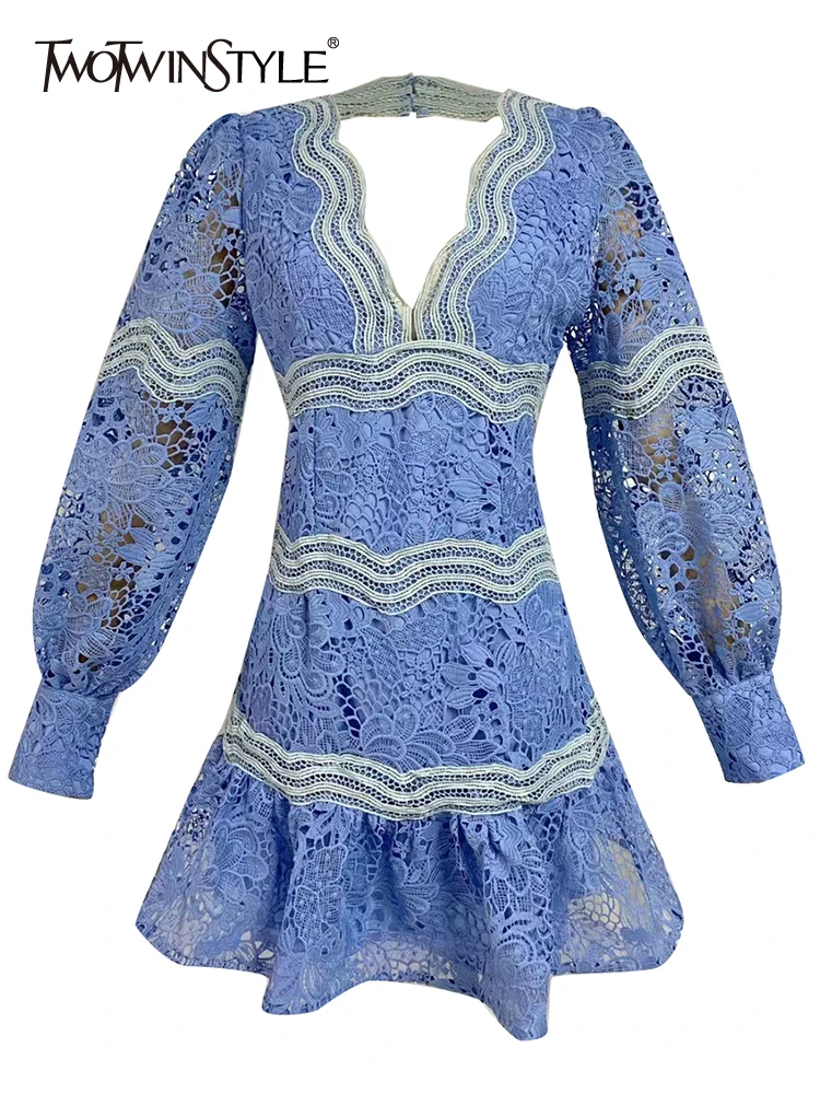 

TWOTWINSTYLE Solid Lace Dresses For Women V Neck Long Sleeve High Waist Hollow Out Sexy Mini Dress Female Fashion Clothes 2023