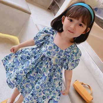 Cute elegant blue summer dress for girls, princess style with floral prints, 0-6 years, beach dresses, birthday party clothes.
