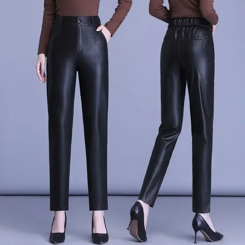 Genuine Leather Pants Women's Sheepskin Ankle-Tied Harem  Autumn and Winter New Casual Pants Elastic High Waist Pants images - 6