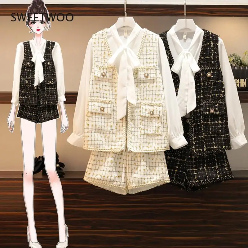 

Tweed 3 Piece Set 2022 Fall Winter Women Chiffon Bow Collar Shirt + Single-Breasted Plaid Vest + Shorts Outfits