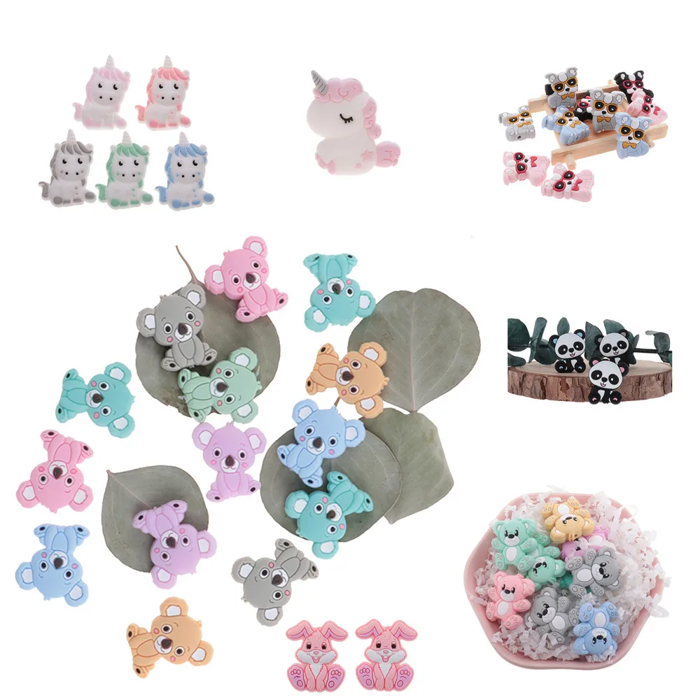 Fkisbox 5pc Unicorn Silicone Beads Koala Panda Bunny BPA Free Baby Teether Toy DIY Pacifier Chain Accessories Tiny Rodent Animal