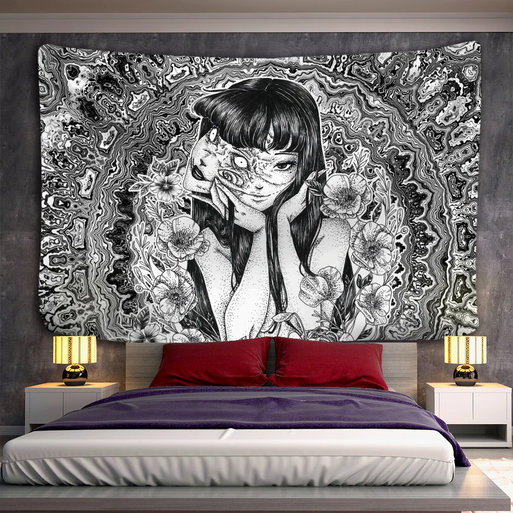Japanese Horror Anime Wall Hanging Tapestry Mysterious Tapiz Cartoon Horror Illustration Kawaii Art Room Home Decor tapestry decorations