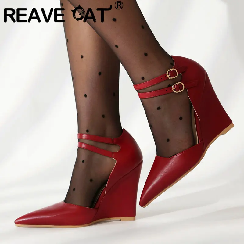 

REAVE CAT Fashion Women Pumps Pointed Toe Wedges High Heel Double Buckle Straps Large Size 45 46 Sexy Wedding Mary Janes Shoes