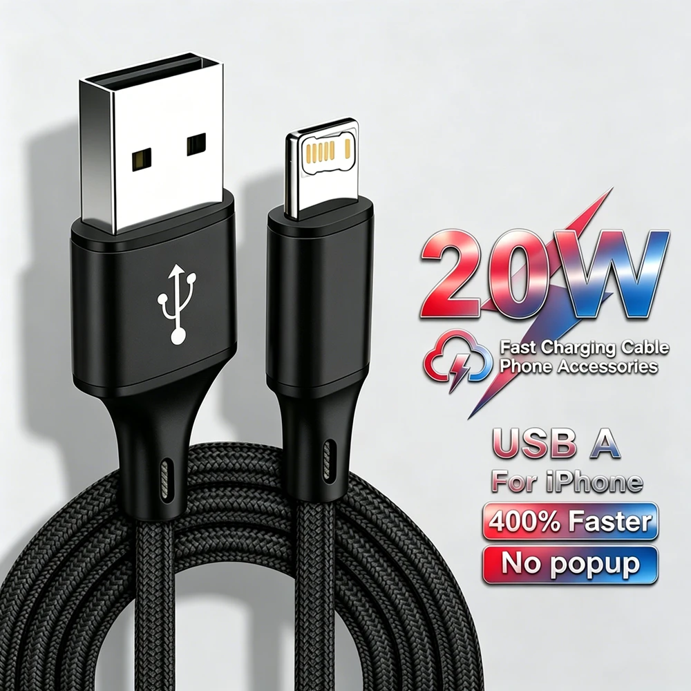 20W 브레이드 와이어 고속 충전 USB 케이블 (아이폰 X, XR, XS Max, 11, 12, 13 mini, 14 Pro Max, 7, 8, 14 Plus 호환) 급속 충전 USB 데이터 케이블