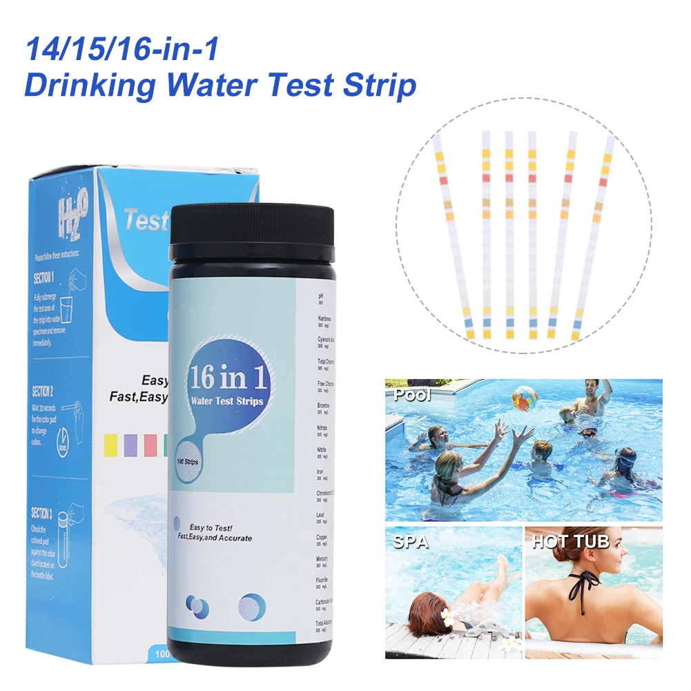 Water Quality Testing Strips, Aquarium Test Strip, Fast Accurate, PH Hardness, Nitrite, Nitrate, Chlorine, 100Pcs, 16 in 1