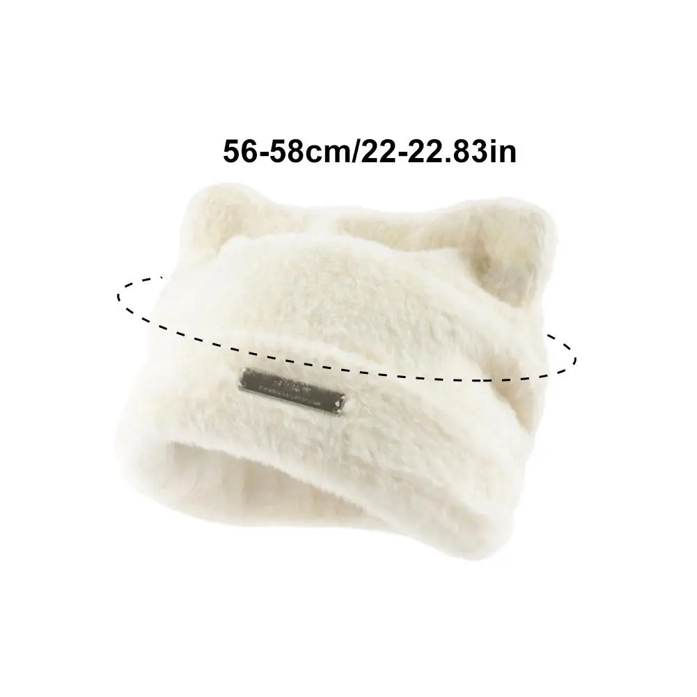 Lovely Iron Label Decorative Beanie Hat With Ears Warm Plush Cat Beanie Winter Faux Fur Elastic Knitted Hat Women Outdoor women hat woolen hat led beanie hat