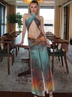Weird Puss Gradient Colorful Dress Women Hollow Cross Halter Backless Robe Sexy Midnight Vacation Hipster Party Trend Bodycon