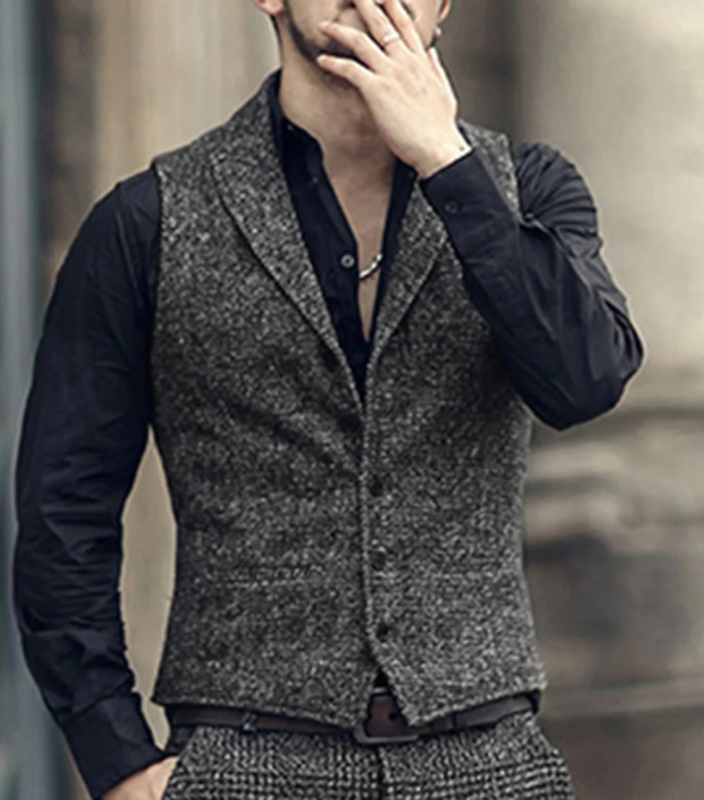 Grey Mens Suit Vest Lapel V Neck Wool Herringbone Casual Formal Business Vest Slim Fit Gilet Waistcoat Groomman For Wedding 4