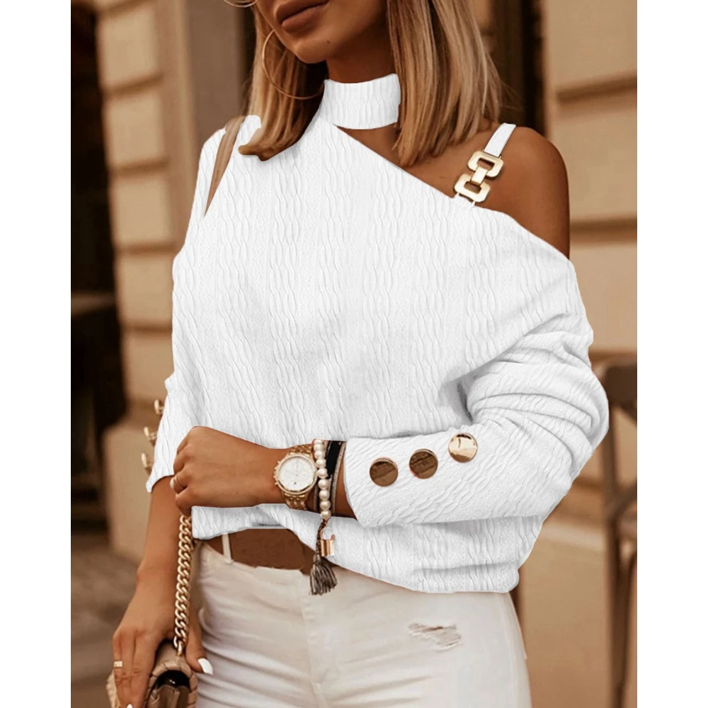 

Women Oblique Long Sleeve Chain Decor Strap Tee Top Autumn Femme Textured Cold Shoulder Button Design Fashion T-Shirts Spring
