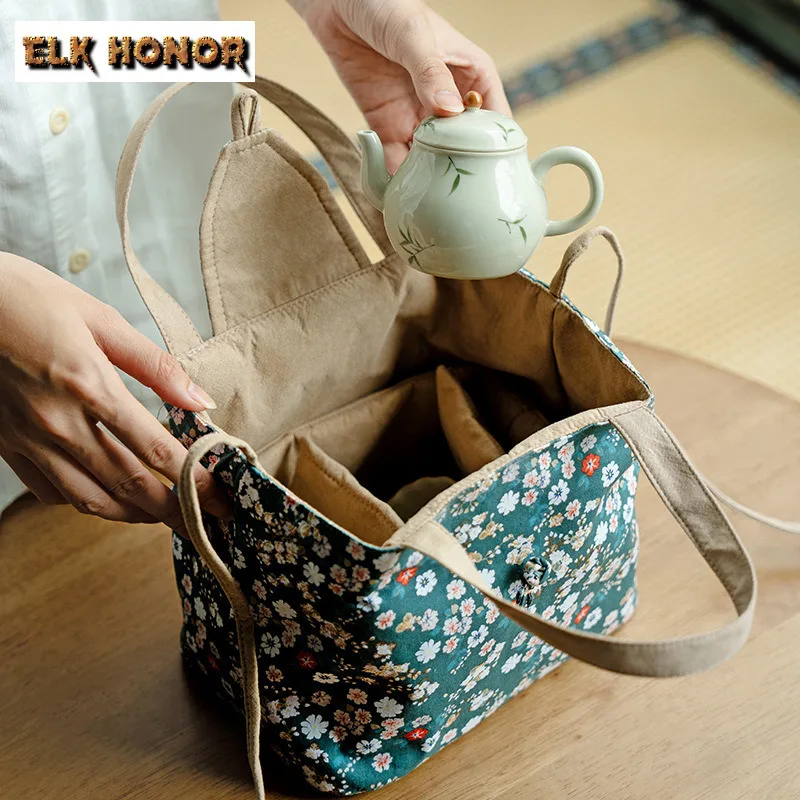 Exquisite Floral Fabric Tea Bag Portable Travel Storage Handbag Teaware Anti Knock Cup Bag Set 1 Pot 4 Cups Storage 3 Colors