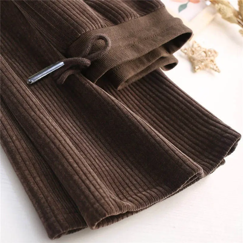 Fleece Lined Winter Wide Leg Pants Women Casual Lace Up High Waist Corduroy Baggy Trousers Oversized Straight Ankle-Length Pants