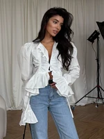 Haut plissé uni à manches lanternes pour femme, décontracté, avec volants, ourlet asymétrique, boutonnage simple, cordon de serrage, coupe courte, pour usage quotidien 2