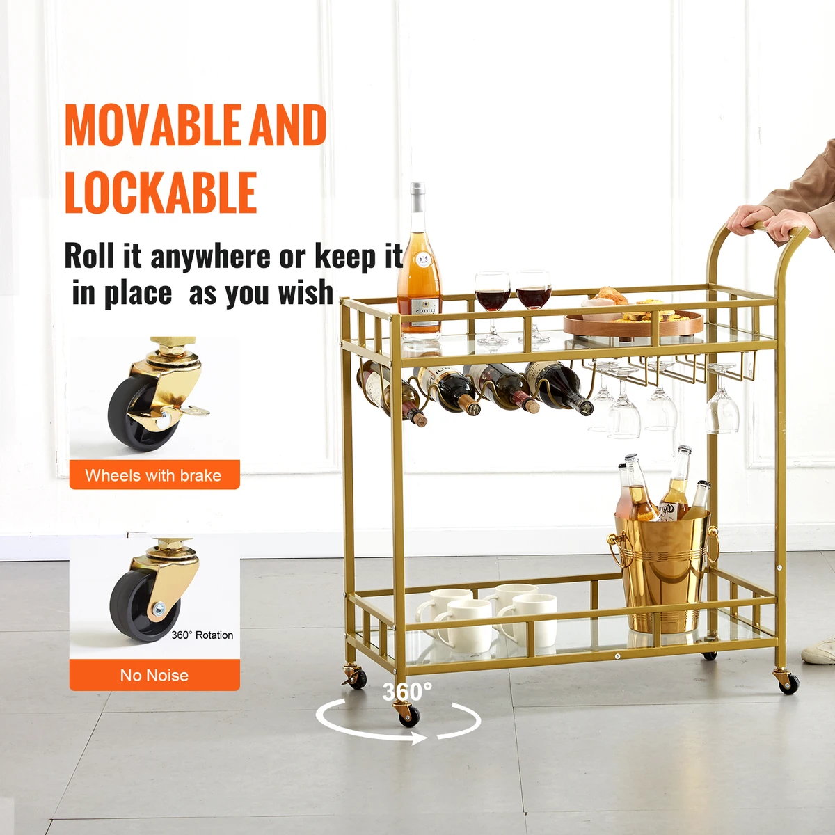 SucceBuy Bar Cart Gold Home Bar Serving Cart on Lockable Wheels with Tempered Glass Shelves for Home Kitchen Dining Living Room — view 4
