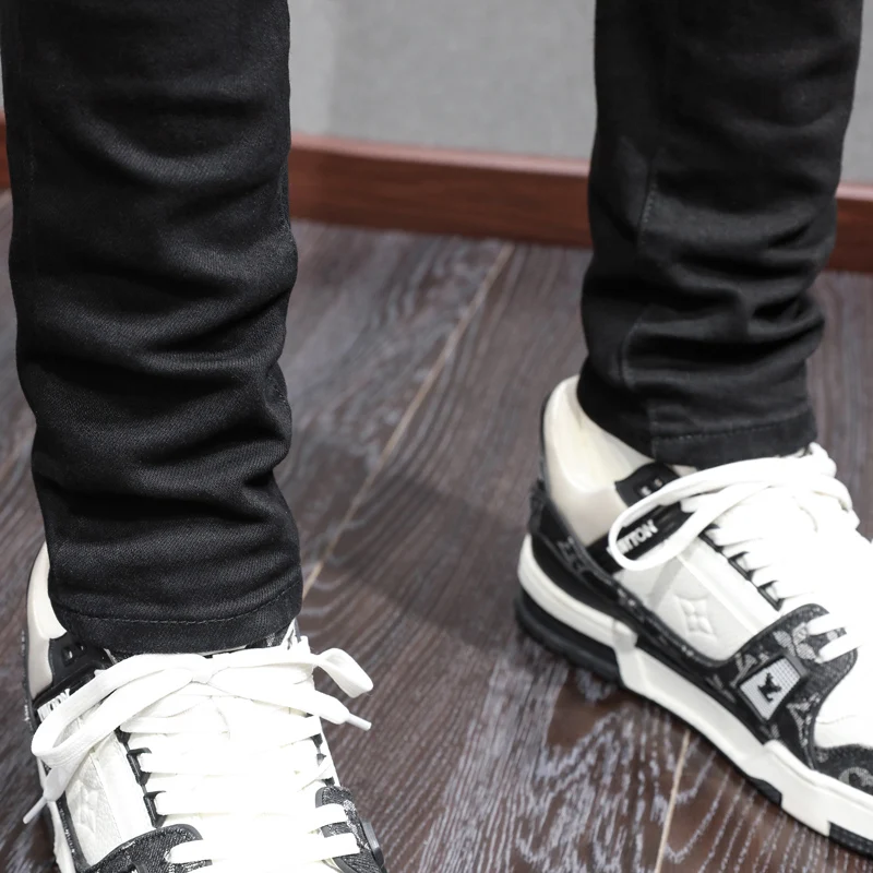 High Street Fashion Men's Slim Fit Jeans Vintage Black Washed Elastic Split Jeans Designer Hip Hop Brand Patch High Quality Pant