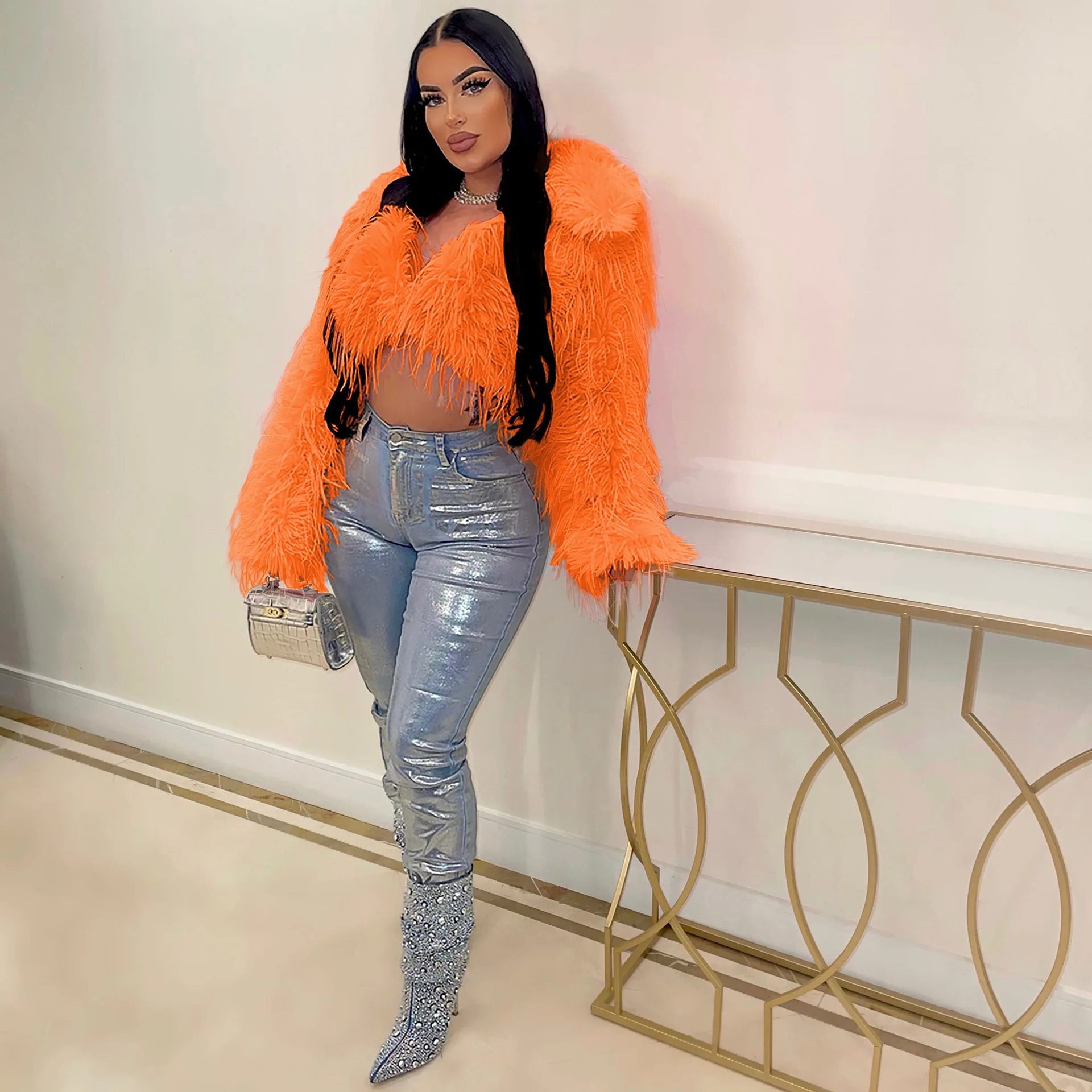 Women Winter Spring Faux Fur Turn-down Collar Long Sleeve Cropped Coat 2024 New INS Fashion Street Solid Outerwear Jackets