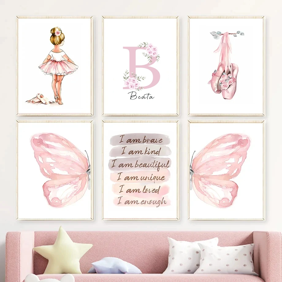 

Nordic Posters and Print Wall Art, Pink Girl, Ballet Shoes, Butterfly, Nursery, Canvas Painting, Pictures, Baby, Kids Room Decor