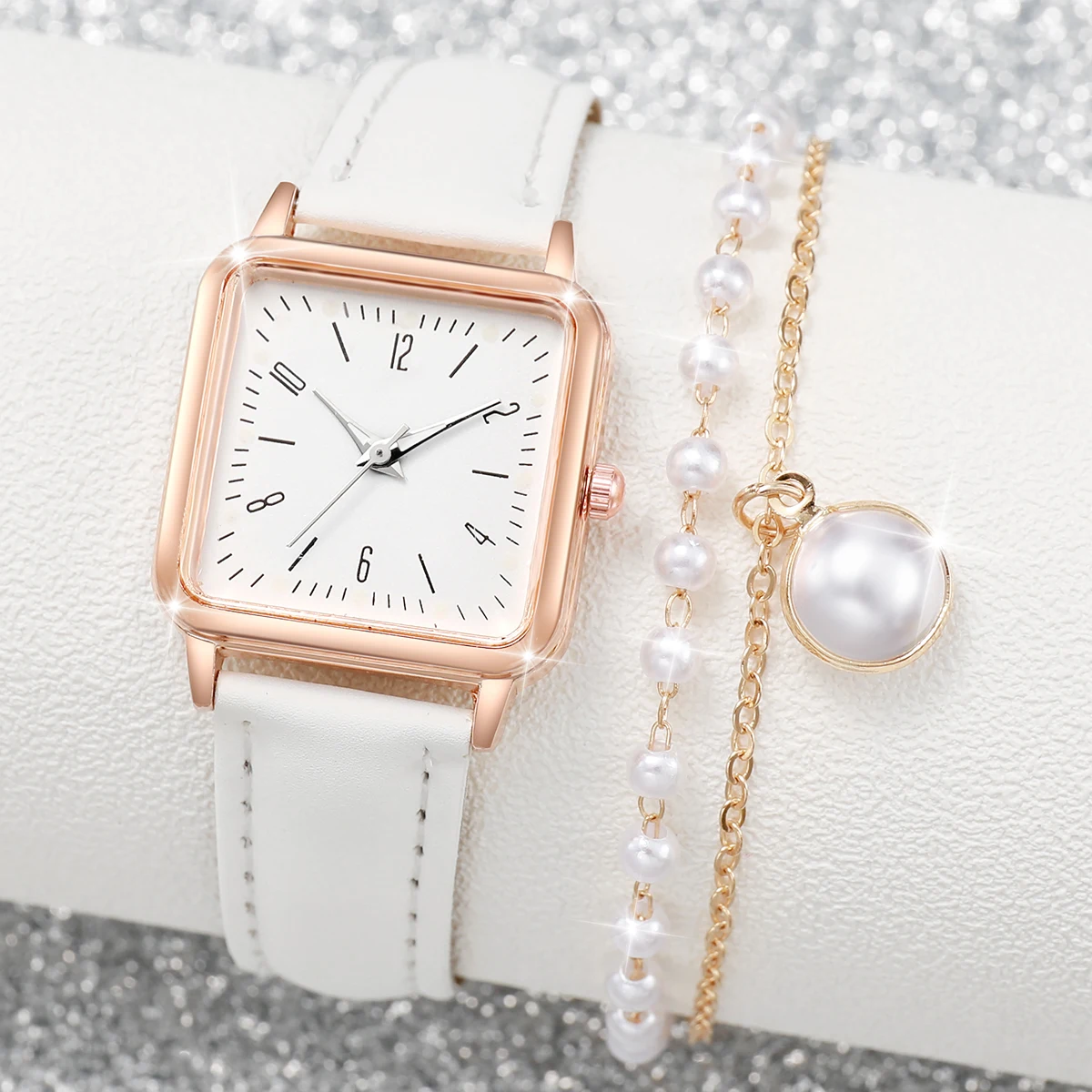 2PCS/set Fashion White Leather Strap Square Quartz Watch with Pearl Bracelet for Women 2