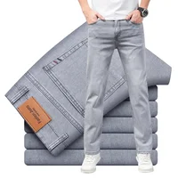Summer Brand Men's Fit Straight Lightweight Cotton Stretch Jeans Business Casual High Waist Thin Light Grey Jeans mens pants