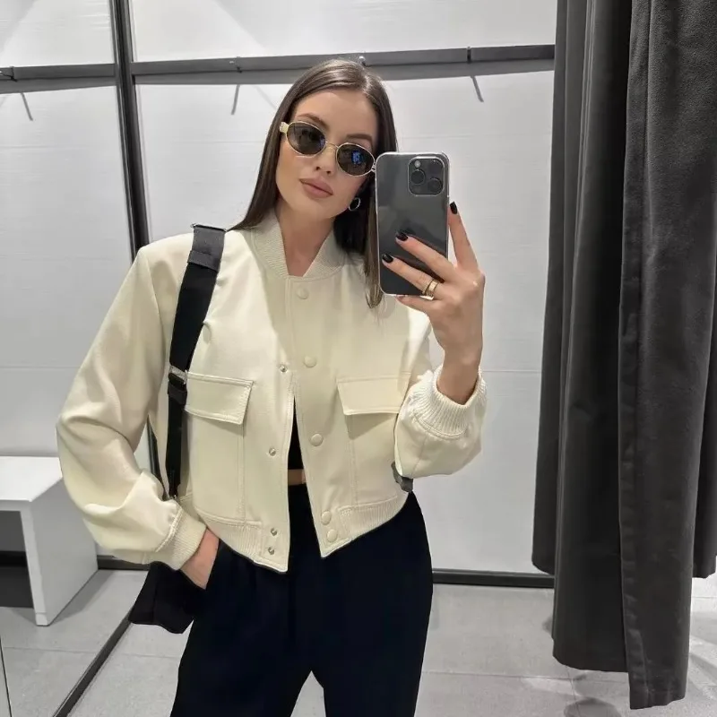

Women Casual Bomber Jackets Spring Autumn Korean Fashion Vintage Coats O-neck Long Sleeve Pockets Chic Jackets Outerwear Female