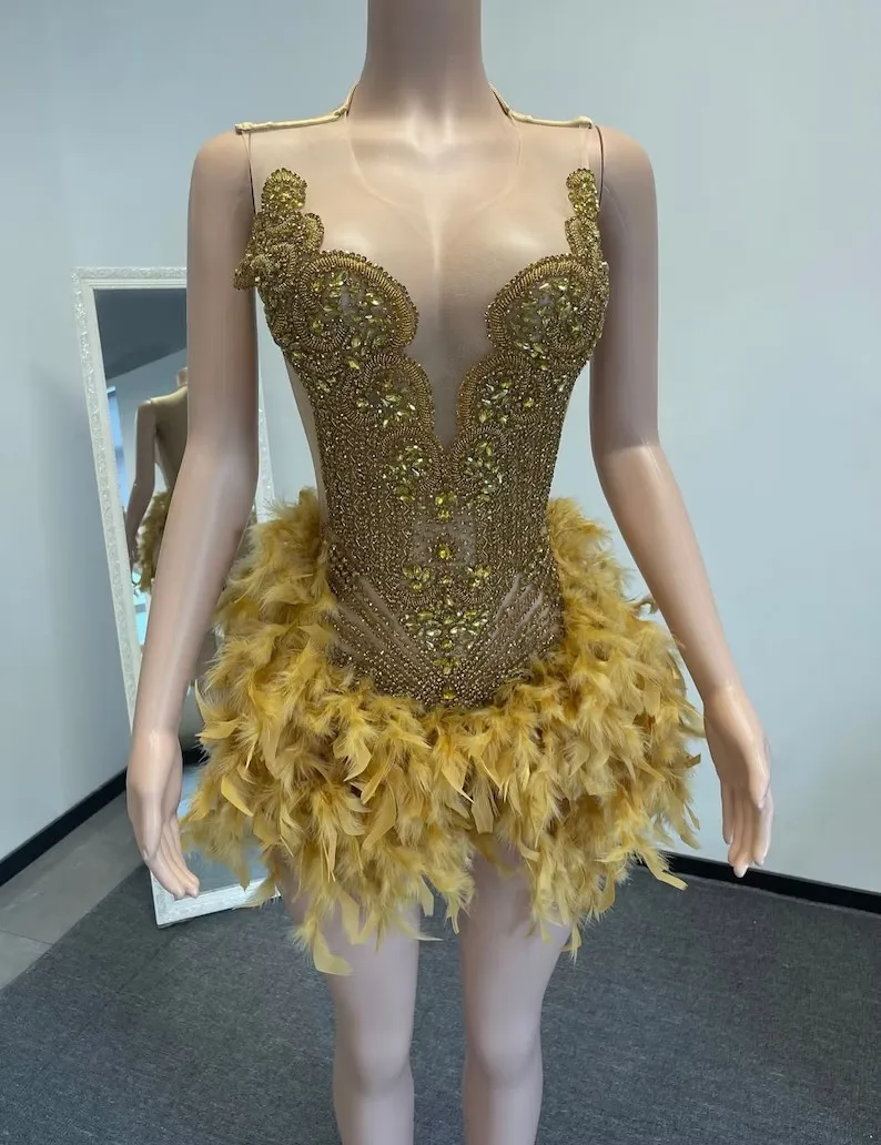 

Pink Sexy Sheer Feather Short Prom Dresses Black Girls Sexy Birthday Party Dresses African Mini Cocktail Dresses Homecoming