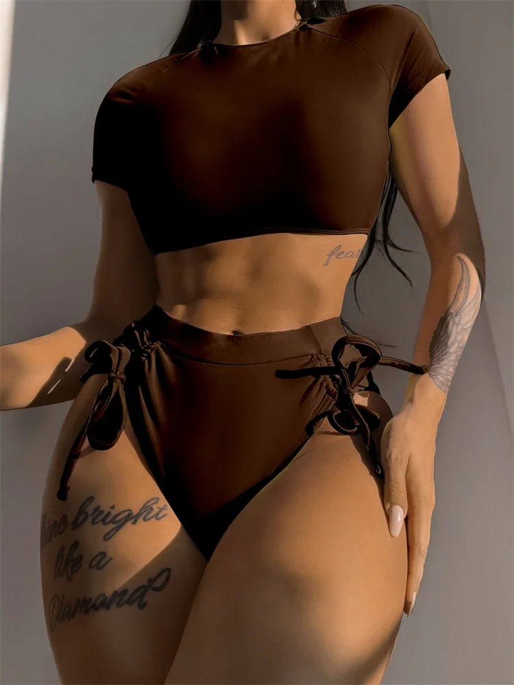 

Микро бикини женский купальник 2023 Новый однотонный купальник с коротким рукавом комплект бикини с высокой талией и открытой спиной купальный костюм на шнуровке пляжная одежда