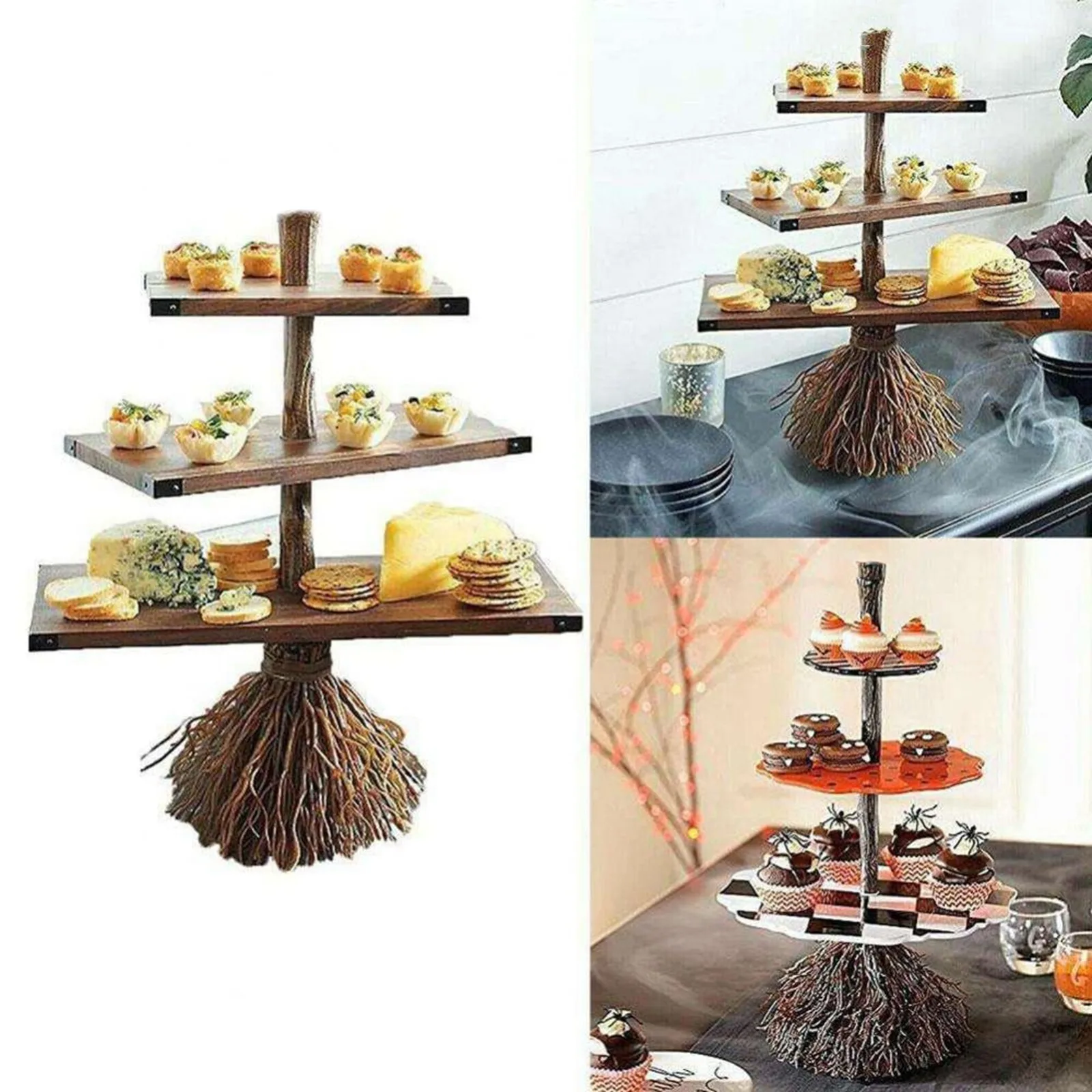 Witch Broom Table Decor Snack Tray Cake Dessert Fruit Stand Halloween