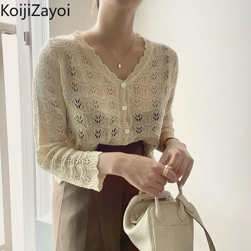 

Koijizayoi French Women Knitted Hollow Out Cardigan Office Lady Casual Slim Single Breasted Kardigan 2022 Loose Thin Cardigans