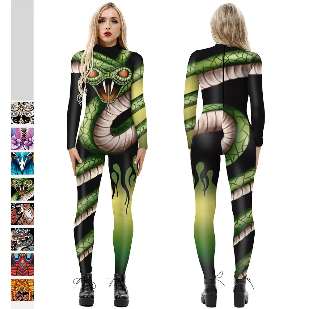 

Halloween Skeleton snake color skeleton 3D digitally printed tights Steampunk cosplay costume women's long sleeve one-piece