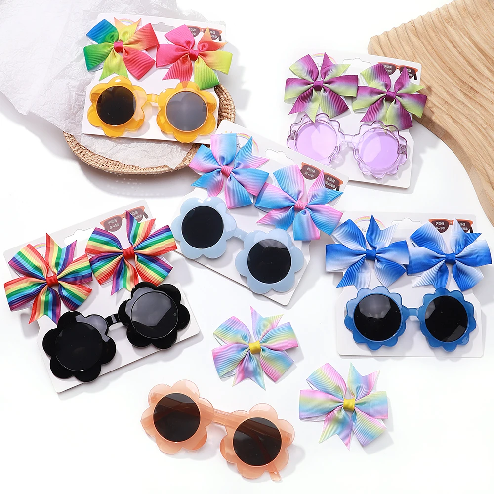 3Pcs/set Cute Colorful Hairpin Sunflower Sun Glasses Set Girls Boutique Bowknot Hair Clip Children Holiday Baby Hair Accessories 3pcs pack autumn cartoon fisherman hat boys girls cute bear cotton hats kids headwear accessories children sunshade cap 3 24m