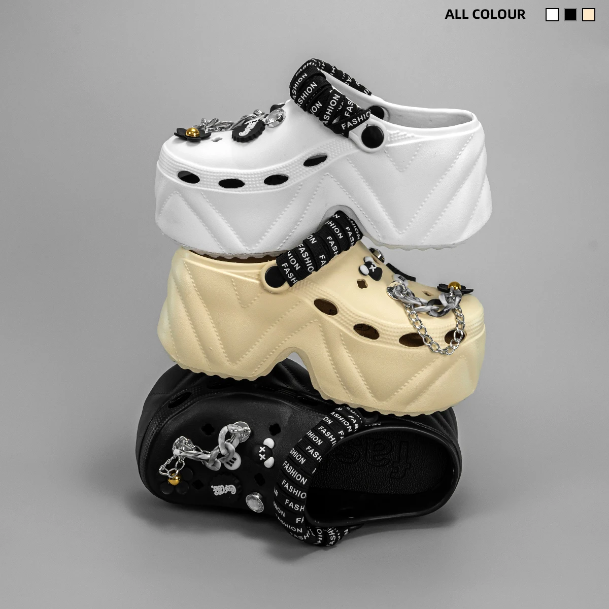 New Fashionable Black and White Strappy Bear High Heeled Imitation Leather Pattern Clogs X8809 - Image 4