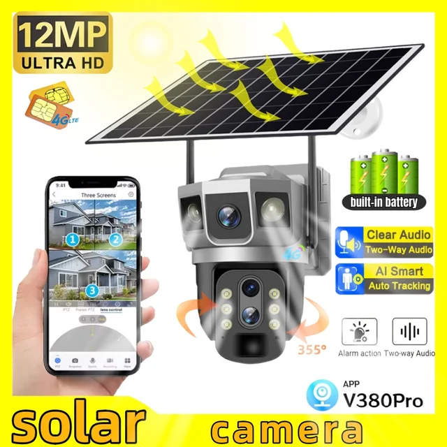 12MP 6K Solar 4G IP Camera CCTV Solar Camera HD10x Optical Zoom PTZ Auto Tracking Color Night Vision Wireless Security Protectio 1