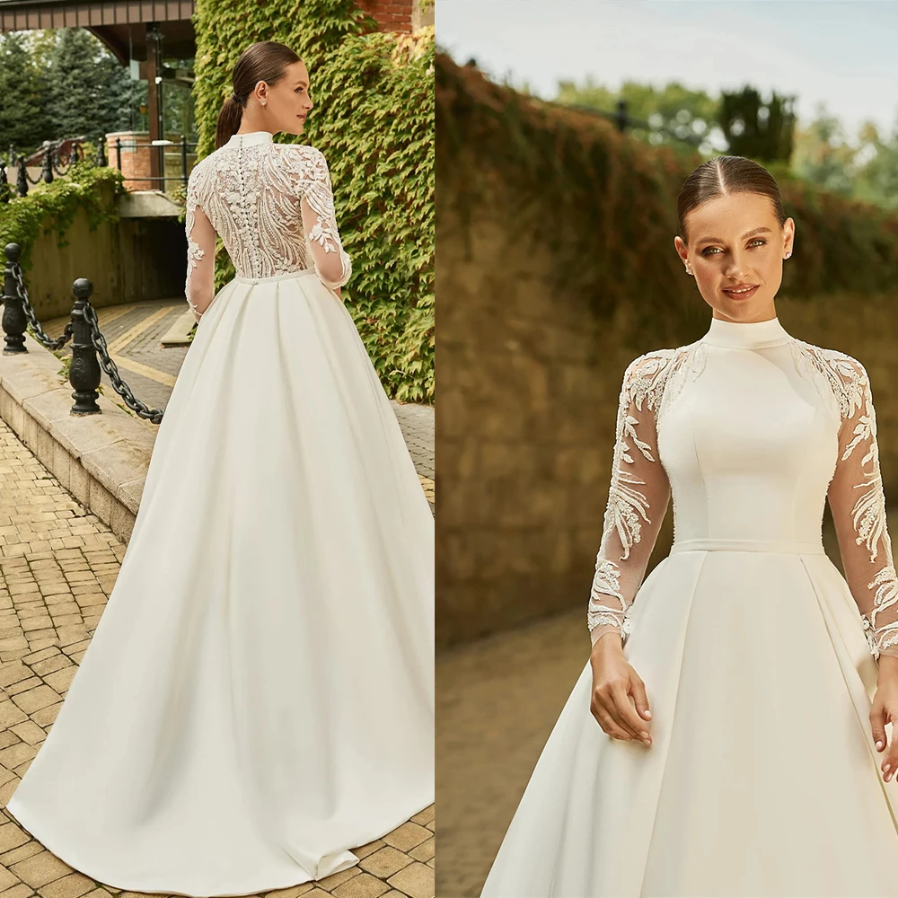 

Charming High Neck Full Sleeves Full Back Lace Applique Satin A Line Wedding Dresses Sweep Train Custom Made 2024 Rode De Morrie