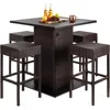Wicker Dining Table Set of 5, W/Built-in Bottle Opener, Hidden Storage Shelf, Metal Tabletop, 4 Stools, Outside Dining Table Set 1