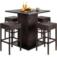 Wicker Dining Table Set of 5, W/Built-in Bottle Opener, Hidden Storage Shelf, Metal Tabletop, 4 Stools, Outside Dining Table Set 1
