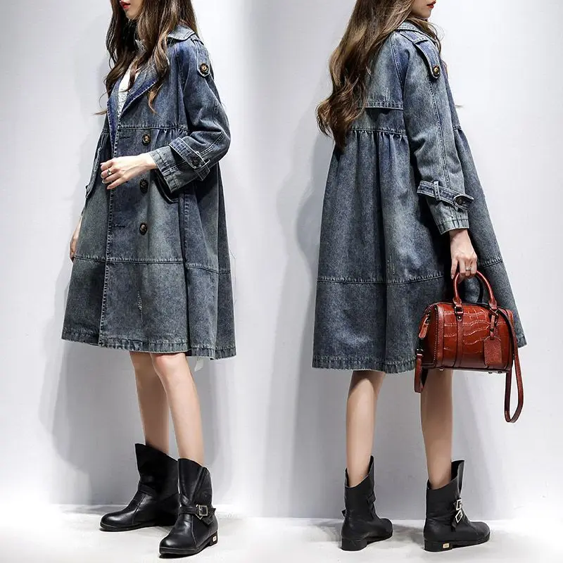 

SuperAen Denim Coat Women Windbreaker 2023 New Autumn Korean Loose Double-breasted A Line Coat