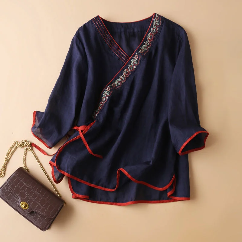 New Modern Chinese Tops Women Loose Ethnic Style V-Neck Cotton Linen Embroidery Female Tang Suit Coat Hanfu shirt woman