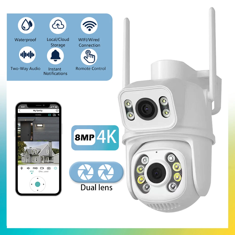 4K 8MP PTZ Wifi Dual Camera Lens with Dual Screen CCTV Ai Human Detect Auto Tracking Wireless Outdoor Surveillance Camera